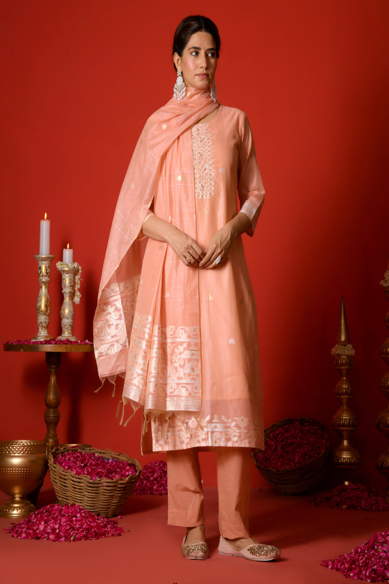 (Vaasva) Women Peach white yoke pattern jamdani woven suit set  (Set of 5 Pc)