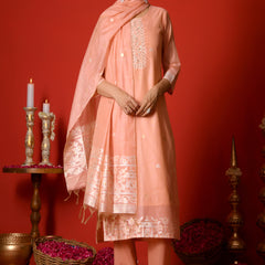 (Vaasva) Women Peach white yoke pattern jamdani woven suit set  (Set of 5 Pc)