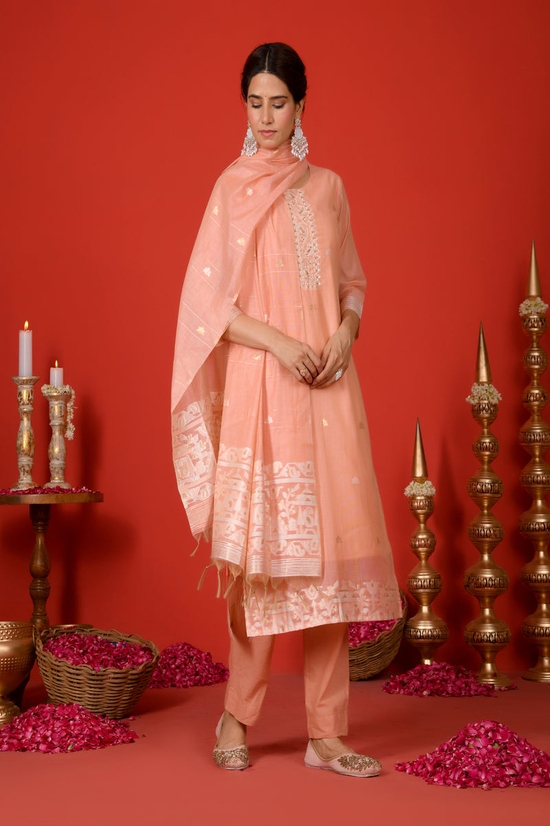 (Vaasva) Women Peach white yoke pattern jamdani woven suit set  (Set of 5 Pc)