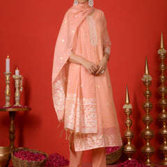 (Vaasva) Women Peach white yoke pattern jamdani woven suit set  (Set of 5 Pc)