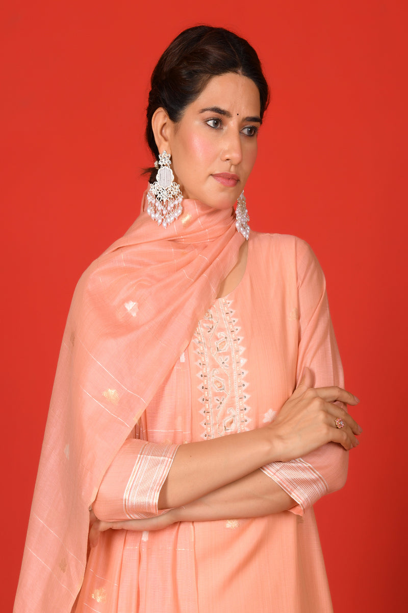 (Vaasva) Women Peach white yoke pattern jamdani woven suit set  (Set of 5 Pc)
