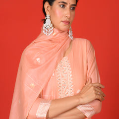 (Vaasva) Women Peach white yoke pattern jamdani woven suit set  (Set of 5 Pc)