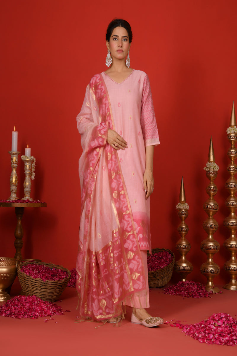 (Vaasva) Women Pink mini boonta pattern jamdani woven suit set  (Set of 5 Pc)