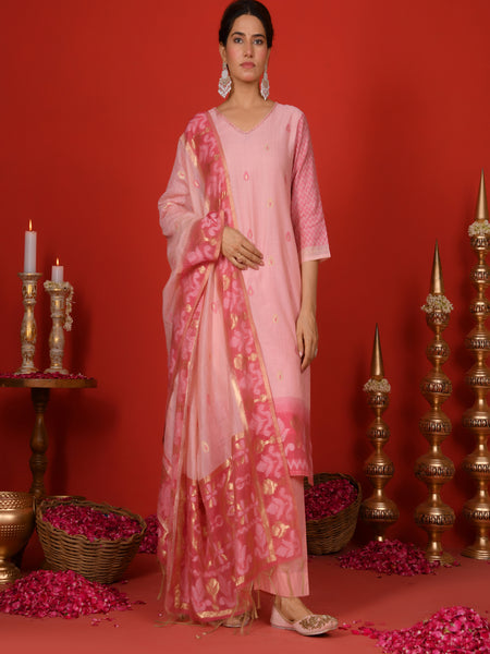 (Vaasva) Women Pink mini boonta pattern jamdani woven suit set  (Set of 5 Pc)