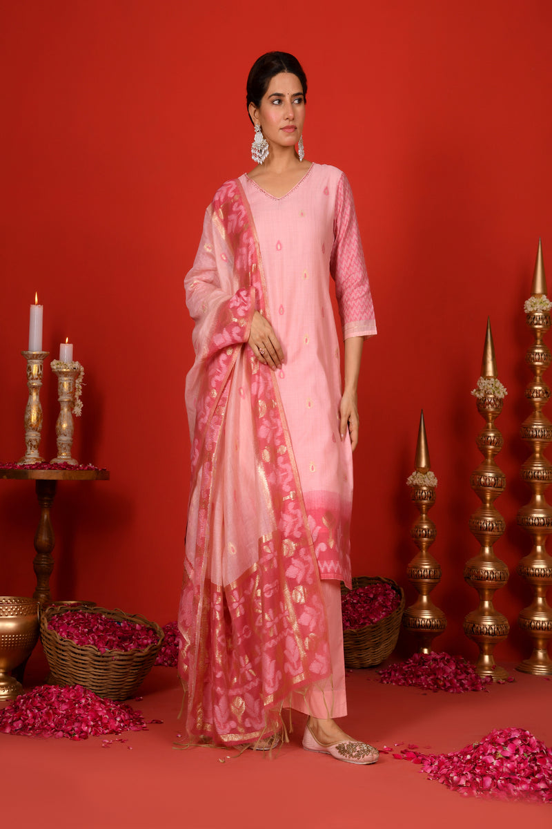 (Vaasva) Women Pink mini boonta pattern jamdani woven suit set  (Set of 5 Pc)