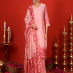(Vaasva) Women Pink mini boonta pattern jamdani woven suit set  (Set of 5 Pc)