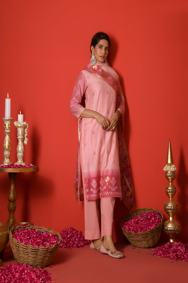 (Vaasva) Women Pink mini boonta pattern jamdani woven suit set  (Set of 5 Pc)