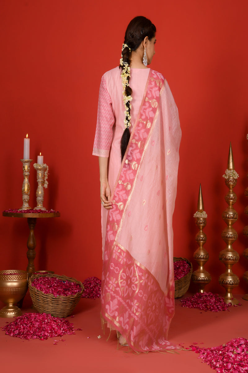 (Vaasva) Women Pink mini boonta pattern jamdani woven suit set  (Set of 5 Pc)