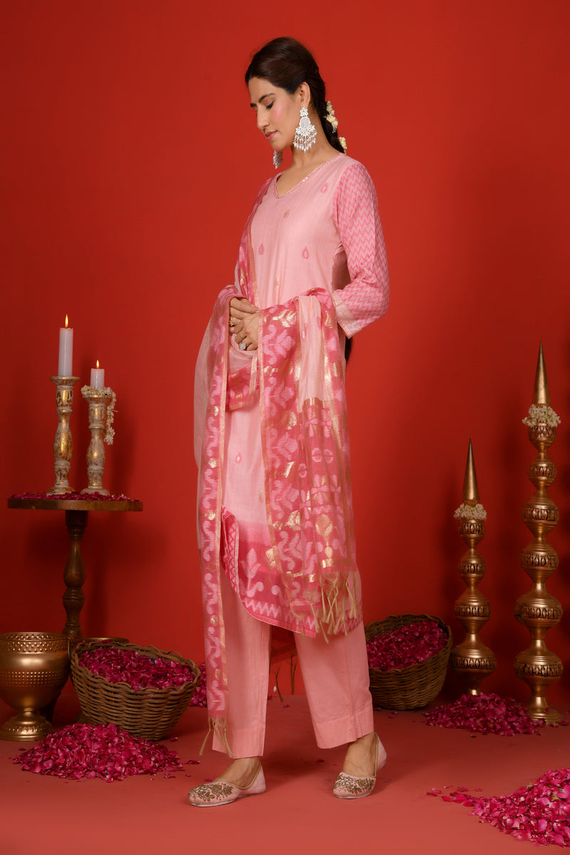 (Vaasva) Women Pink mini boonta pattern jamdani woven suit set  (Set of 5 Pc)