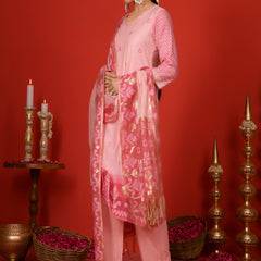 (Vaasva) Women Pink mini boonta pattern jamdani woven suit set  (Set of 5 Pc)