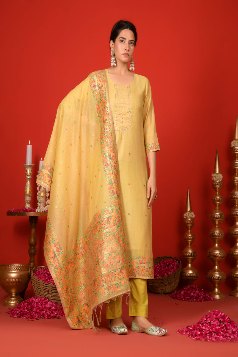 (Vaasva) Women Lime golden yoke pattern jamdani woven suit set  (Set of 5 Pc)