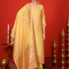 (Vaasva) Women Lime golden yoke pattern jamdani woven suit set  (Set of 5 Pc)