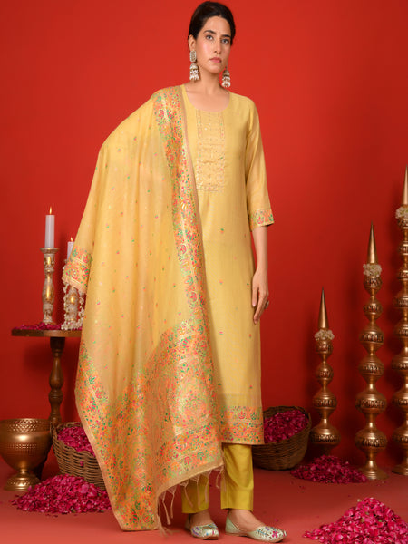 (Vaasva) Women Lime golden yoke pattern jamdani woven suit set  (Set of 5 Pc)