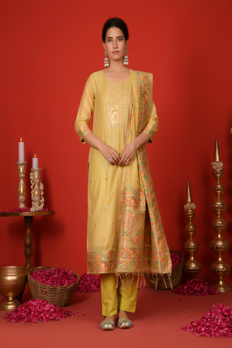 (Vaasva) Women Lime golden yoke pattern jamdani woven suit set  (Set of 5 Pc)