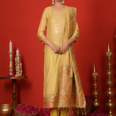 (Vaasva) Women Lime golden yoke pattern jamdani woven suit set  (Set of 5 Pc)