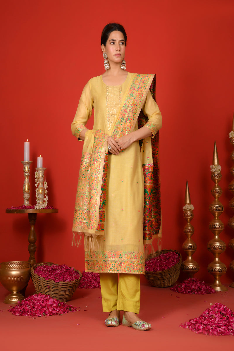 (Vaasva) Women Lime golden yoke pattern jamdani woven suit set  (Set of 5 Pc)