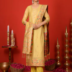 (Vaasva) Women Lime golden yoke pattern jamdani woven suit set  (Set of 5 Pc)