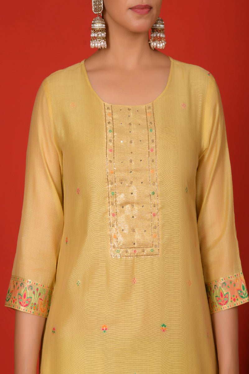 (Vaasva) Women Lime golden yoke pattern jamdani woven suit set  (Set of 5 Pc)