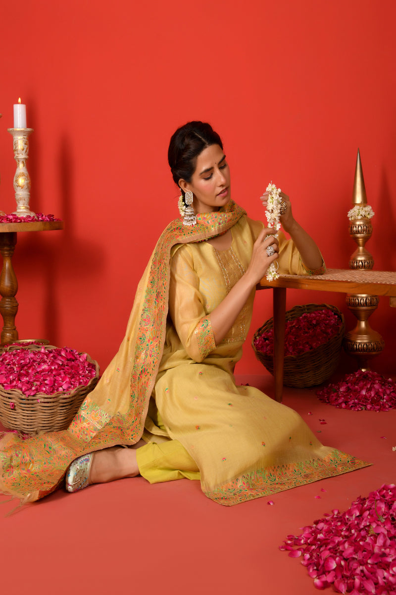 (Vaasva) Women Lime golden yoke pattern jamdani woven suit set  (Set of 5 Pc)
