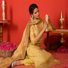 (Vaasva) Women Lime golden yoke pattern jamdani woven suit set  (Set of 5 Pc)