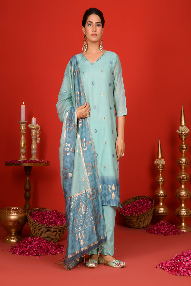 (Vaasva) Women Sky blue v neck pattern jamdani woven suit set  (Set of 5 Pc)