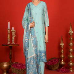 (Vaasva) Women Sky blue v neck pattern jamdani woven suit set  (Set of 5 Pc)