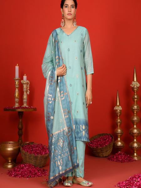 (Vaasva) Women Sky blue v neck pattern jamdani woven suit set  (Set of 5 Pc)