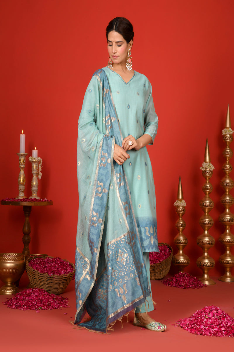 (Vaasva) Women Sky blue v neck pattern jamdani woven suit set  (Set of 5 Pc)