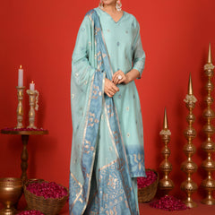 (Vaasva) Women Sky blue v neck pattern jamdani woven suit set  (Set of 5 Pc)