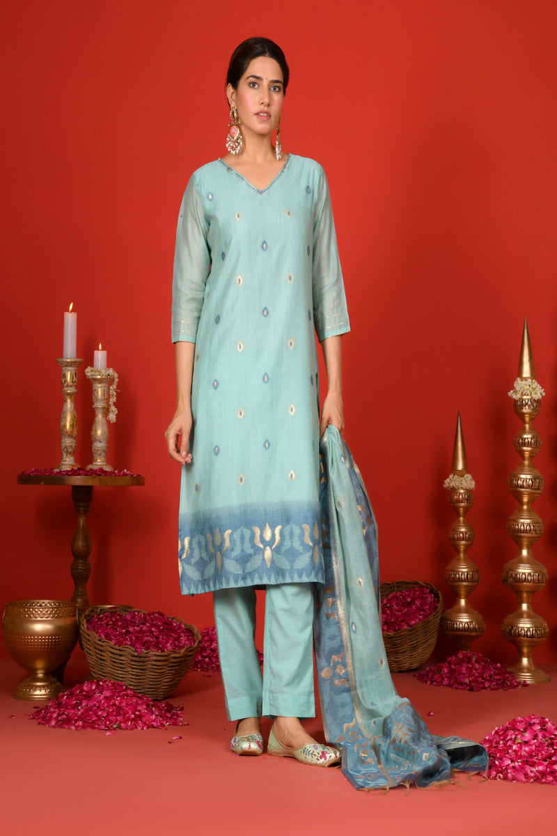 (Vaasva) Women Sky blue v neck pattern jamdani woven suit set  (Set of 5 Pc)