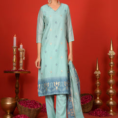 (Vaasva) Women Sky blue v neck pattern jamdani woven suit set  (Set of 5 Pc)