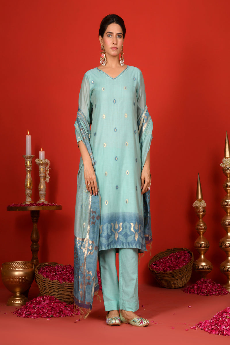 (Vaasva) Women Sky blue v neck pattern jamdani woven suit set  (Set of 5 Pc)