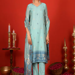 (Vaasva) Women Sky blue v neck pattern jamdani woven suit set  (Set of 5 Pc)