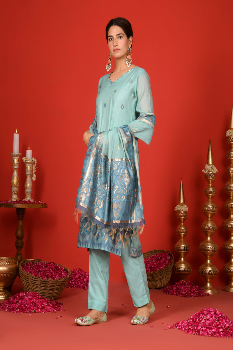 (Vaasva) Women Sky blue v neck pattern jamdani woven suit set  (Set of 5 Pc)