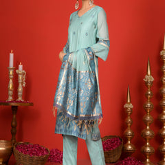 (Vaasva) Women Sky blue v neck pattern jamdani woven suit set  (Set of 5 Pc)