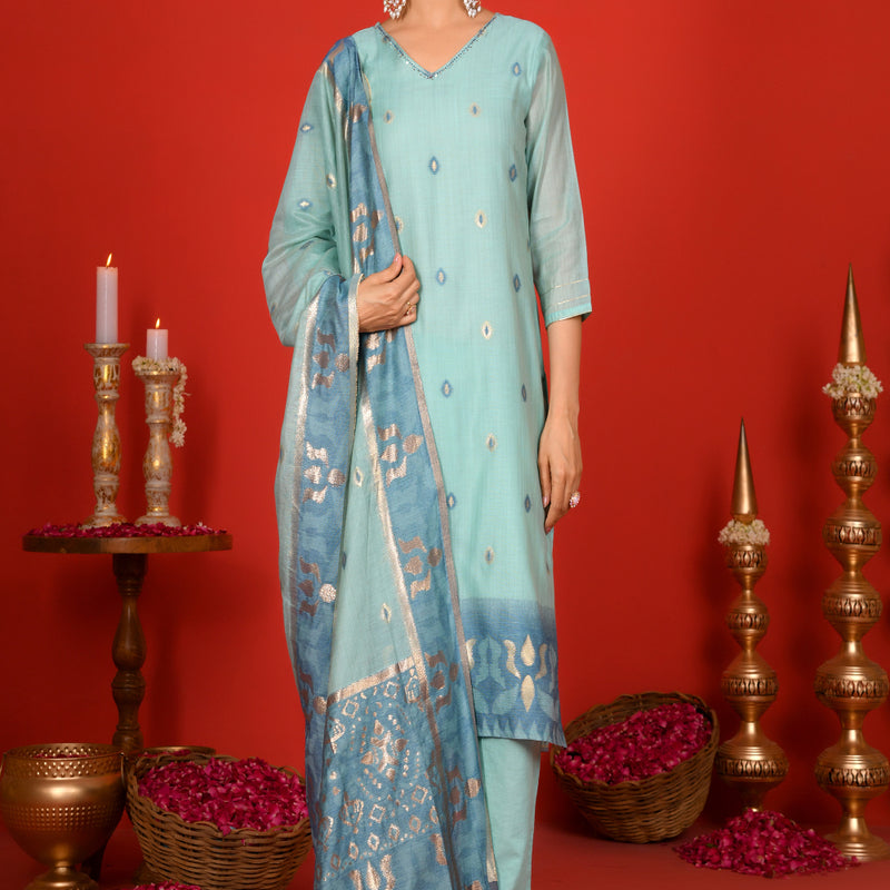 (Vaasva) Women Sky blue v neck pattern jamdani woven suit set  (Set of 5 Pc)