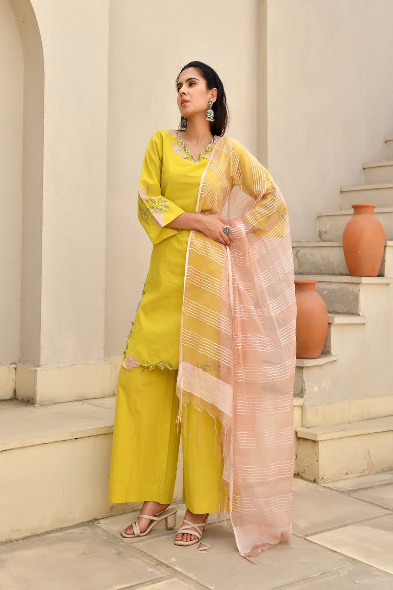 (Vaasva) Women Mustard green applique with cutwork suit set  (Set of 5 Pc)