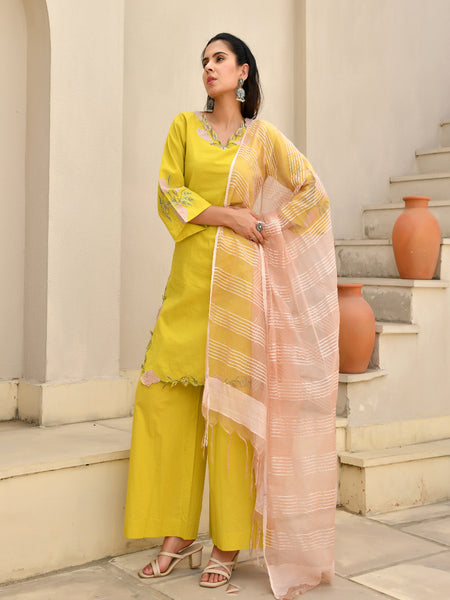 (Vaasva) Women Mustard green applique with cutwork suit set  (Set of 5 Pc)
