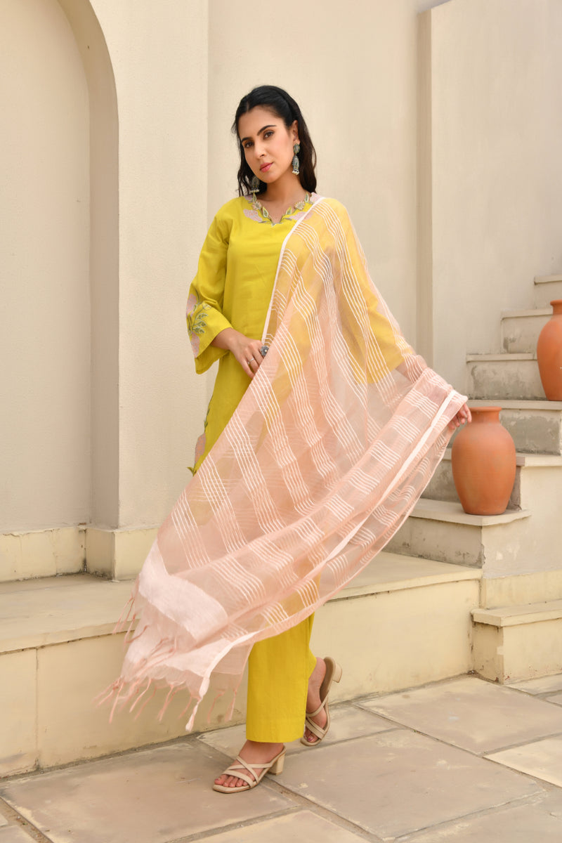 (Vaasva) Women Mustard green applique with cutwork suit set  (Set of 5 Pc)