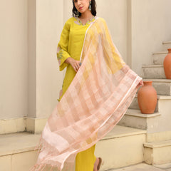 (Vaasva) Women Mustard green applique with cutwork suit set  (Set of 5 Pc)