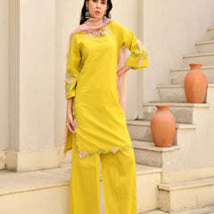 (Vaasva) Women Mustard green applique with cutwork suit set  (Set of 5 Pc)