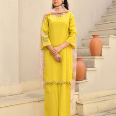 (Vaasva) Women Mustard green applique with cutwork suit set  (Set of 5 Pc)