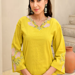 (Vaasva) Women Mustard green applique with cutwork suit set  (Set of 5 Pc)