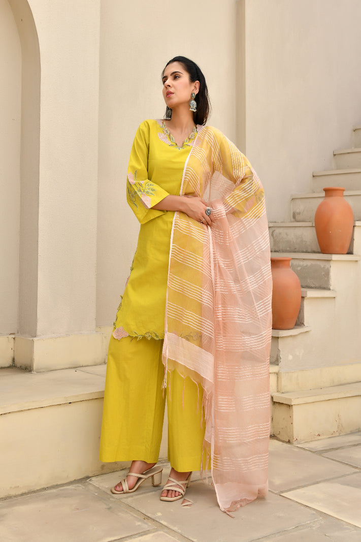 (Vaasva) Women Mustard green applique with cutwork suit set  (Set of 5 Pc)