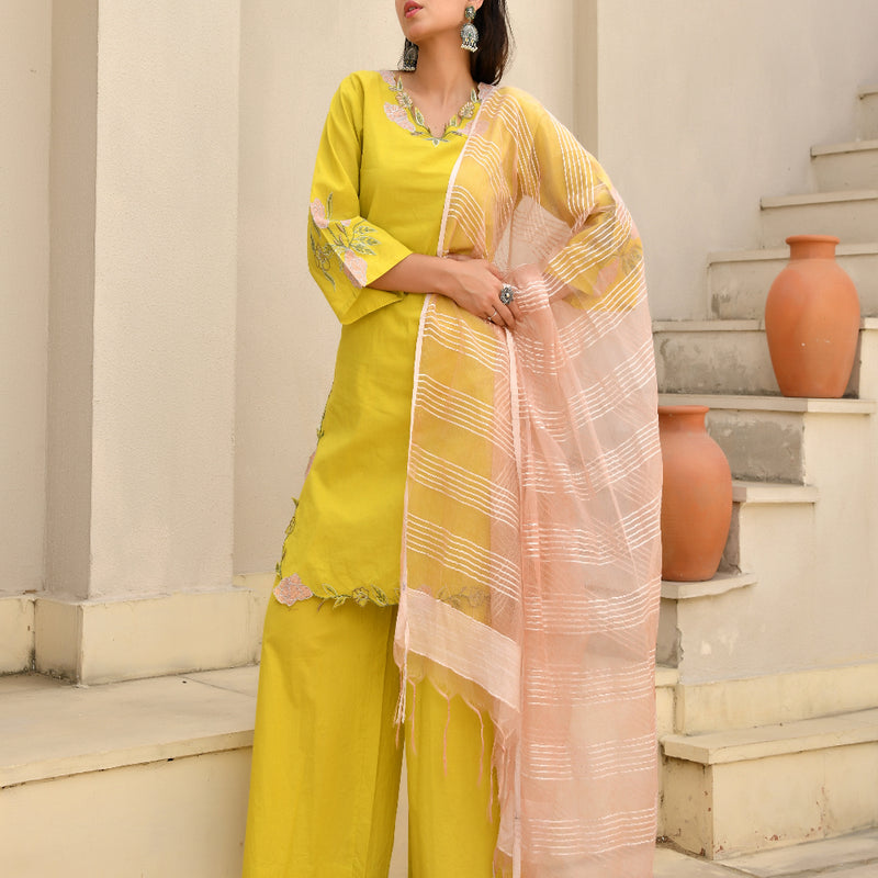 (Vaasva) Women Mustard green applique with cutwork suit set  (Set of 5 Pc)