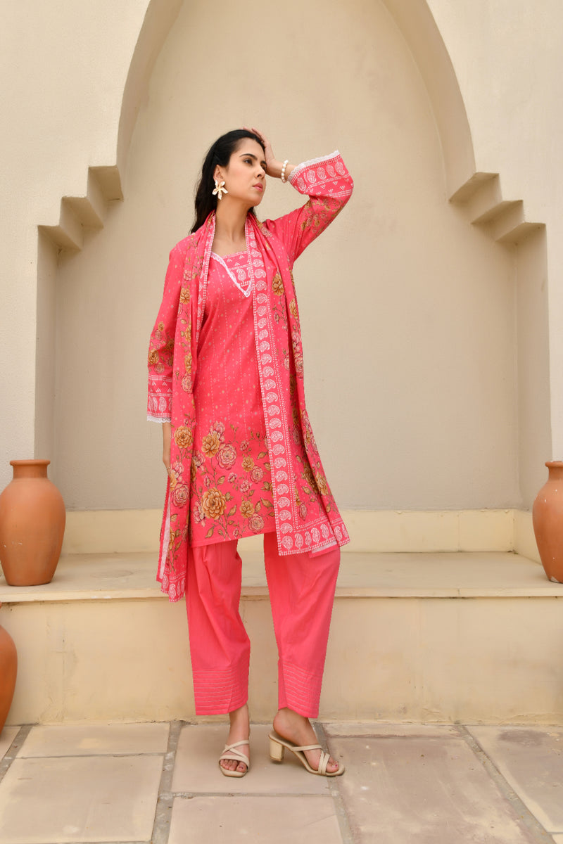 (Vaasva) Women Pink printed short kurta salwar set  (Set of 5 Pc)