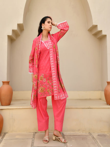 (Vaasva) Women Pink printed short kurta salwar set  (Set of 5 Pc)