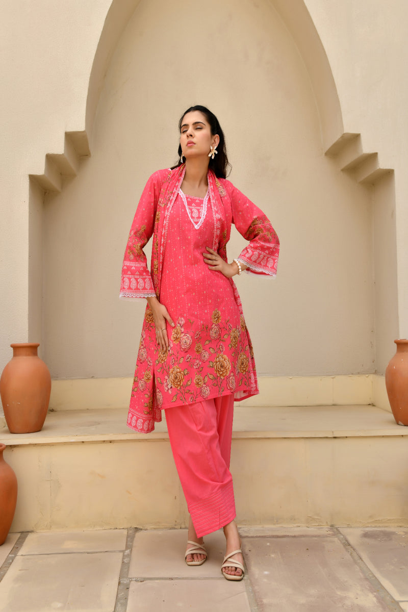 (Vaasva) Women Pink printed short kurta salwar set  (Set of 5 Pc)