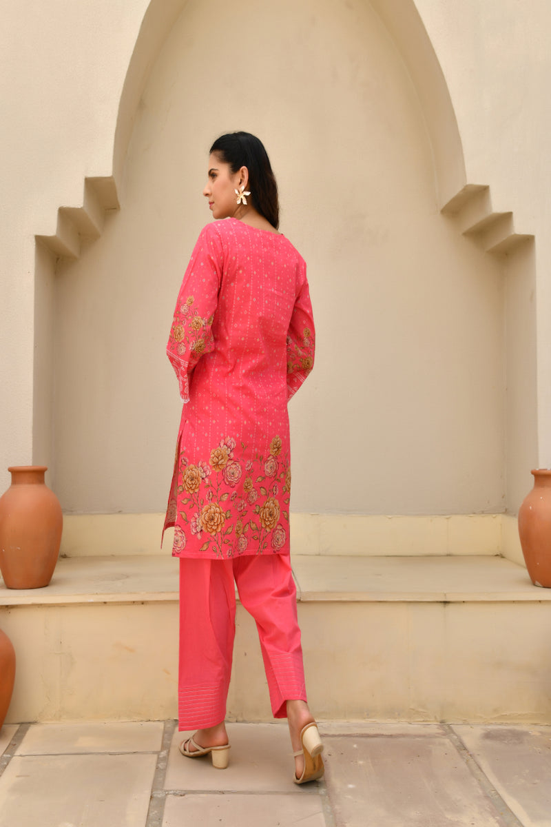 (Vaasva) Women Pink printed short kurta salwar set  (Set of 5 Pc)