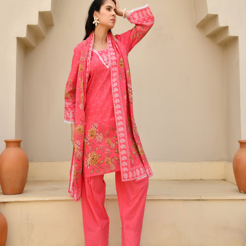 (Vaasva) Women Pink printed short kurta salwar set  (Set of 5 Pc)